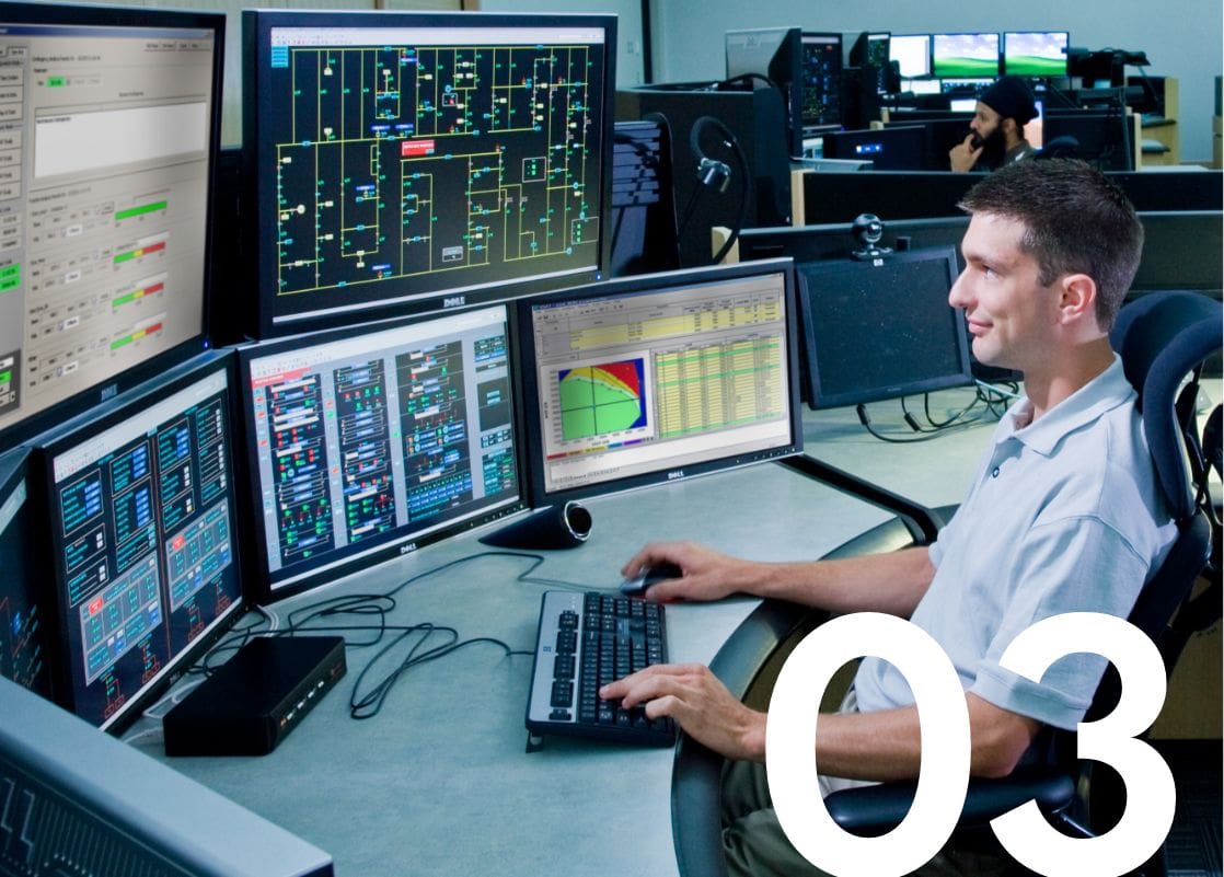 Engineer using DSA Tools software at a control center workstation with multiple monitors displaying real-time power grid analytics, electrical network simulations—highlighting advanced utility operations, grid monitoring, and energy management solutions.
